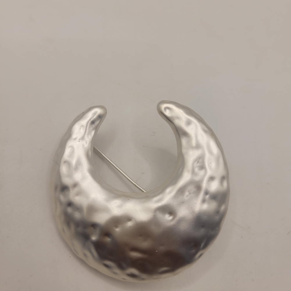 Matte Silver Tone Half Moon Brooch
